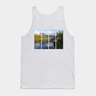 Wonderful landscapes in Norway. Nordland. Beautiful scenery of Thaihuset in a mountain valley. It is idyllically situated by a calm water. Mountains and trees in background. Sunset. Tank Top